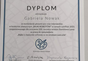 Dyplom Gabrieli Nowak.