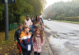 Na zdjęciu widać ulicę, po obu stronach której jest dużo zieleni: trawnik, żywopłot, wysokie drzewa. Na jezdni widać jeden, oddalający się samochód. Po lewej stronie jezdni widać grupę idącą chodnikiem. Na przedzie dzieci idące parami. Wyraźnie widoczna jest pierwsza para: od lewej chłopiec ubrany w pomarańczowo-biało-granatową kurtkę, obok niego dziewczynka w blado-różowej kurtce. Za nimi widoczne są kolejne dzieci ubrane w kurtki, dalej dwie panie, jedna w jasno-beżowej, druga w ciemniejszej kurtce.