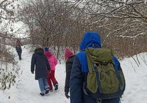 Zimowa sceneria. Grupa widoczna z tyłu - widać jak kilkoro dzieci i dorosłych zaczyna iść pod górę. Na pierwszym planie mężczyzna w granatowo-niebieskiej kurtce z zielonym plecakiem.