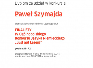 Paweł Szymajda finalistą IV Ogólnopolskiego Konkursu Języka Niemieckiego Lust auf Lesen