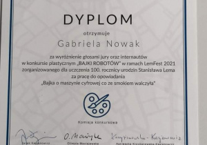 Dyplom Gabrieli Nowak.
