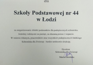 Podziękowanie dla SP 44 w Łodzi.