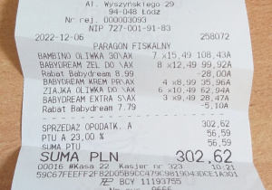 Na zdjęciu paragon za zakupione produkty pielęgnacyjne w kwocie 302 zł.