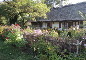 Widok jesiennego ogrodu przed wiejską chatą krytą słomianą strzechą.