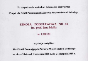 Certyfikat "Sieci Szkół Promujących Zdrowie Województwa Łódzkiego"