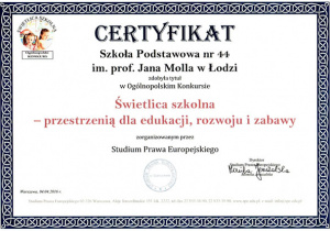 Certyfikat "Świetlica szkolna - przestrzenią dla edukacji, rozwoju i zabawy"